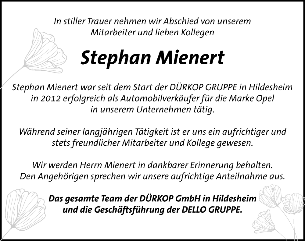  Traueranzeige für Stephan Mienert vom 13.06.2024 aus Hildesheimer Allgemeine Zeitung