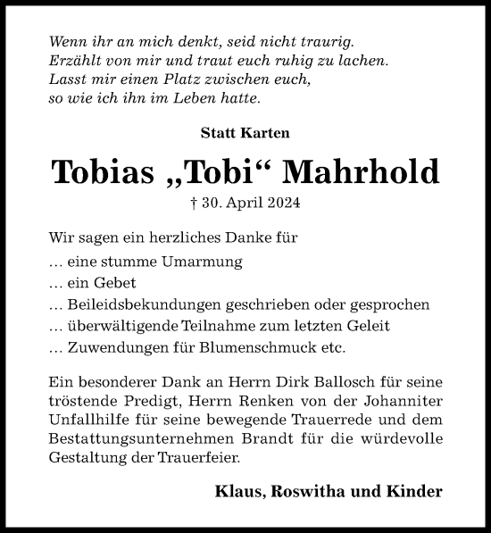 Traueranzeige von Tobias Mahrhold von Hildesheimer Allgemeine Zeitung