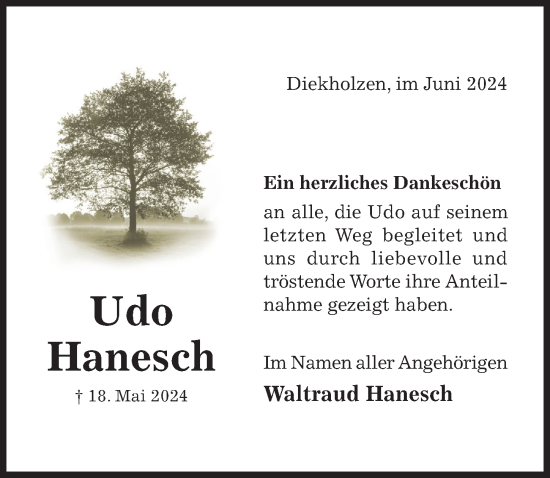 Traueranzeige von Udo Hanesch von Hildesheimer Allgemeine Zeitung