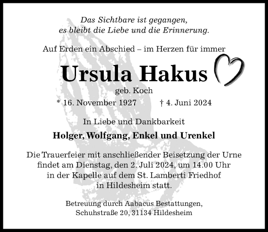 Traueranzeige von Ursula Hakus von Hildesheimer Allgemeine Zeitung