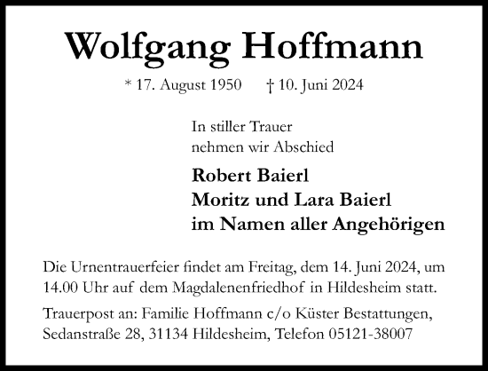 Traueranzeige von Wolfgang Hoffmann von Hildesheimer Allgemeine Zeitung