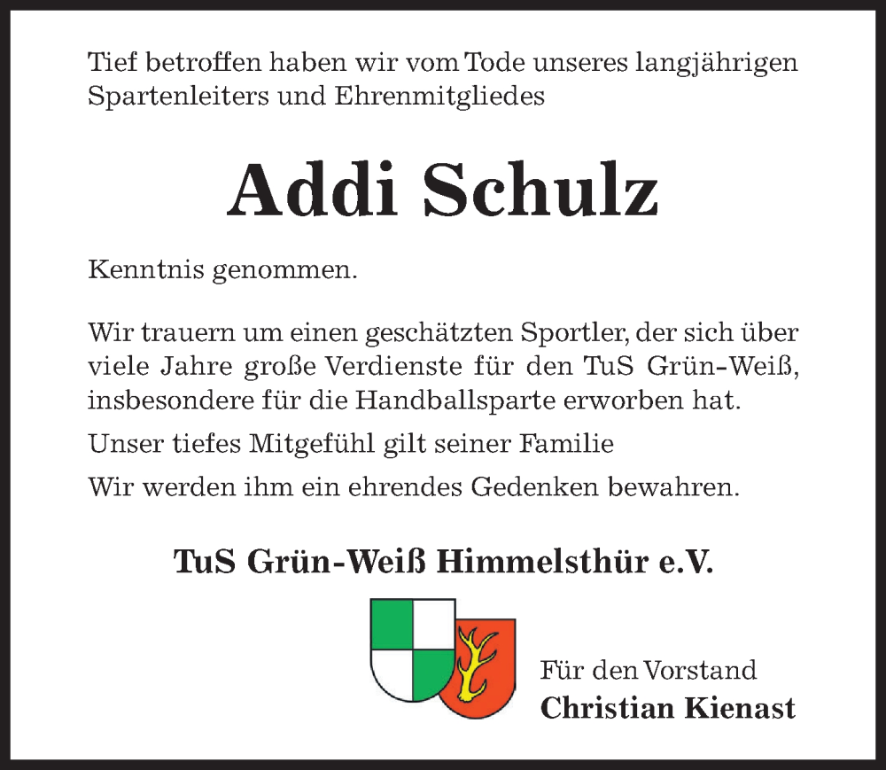  Traueranzeige für Addi Schulz vom 20.07.2024 aus Hildesheimer Allgemeine Zeitung