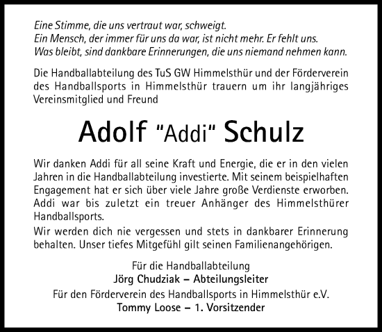 Traueranzeige von Adolf Schulz von Hildesheimer Allgemeine Zeitung