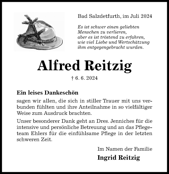 Traueranzeige von Alfred Reitzig von Hildesheimer Allgemeine Zeitung