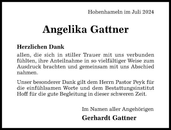 Traueranzeige von Angelika Gattner von Hildesheimer Allgemeine Zeitung