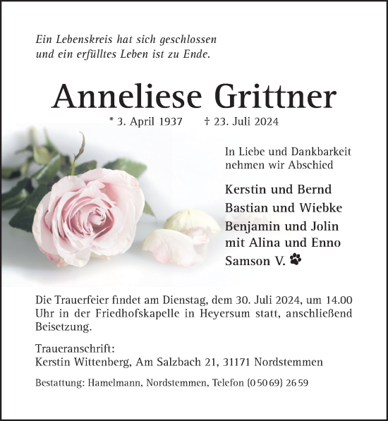 Traueranzeige von Anneliese Grittner von Hildesheimer Allgemeine Zeitung
