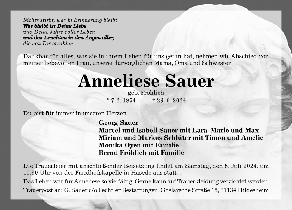  Traueranzeige für Anneliese Sauer vom 03.07.2024 aus Hildesheimer Allgemeine Zeitung