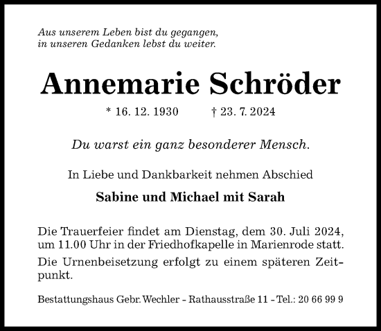 Traueranzeige von Annemarie Schröder von Hildesheimer Allgemeine Zeitung