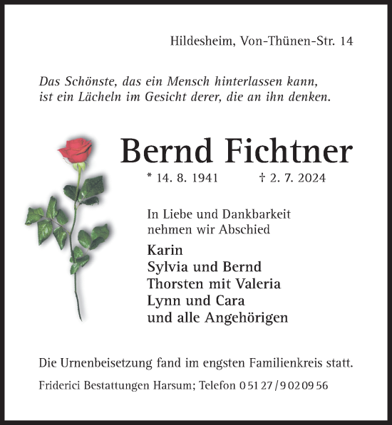 Traueranzeige von Bernd Fichtner von Hildesheimer Allgemeine Zeitung