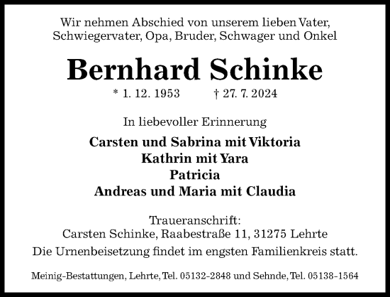 Traueranzeige von Bernhard Schinke von Hildesheimer Allgemeine Zeitung