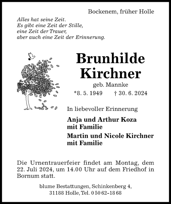 Traueranzeige von Brunhilde Kirchner von Hildesheimer Allgemeine Zeitung