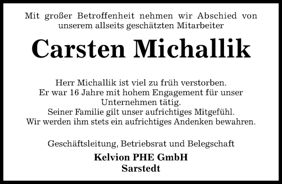 Traueranzeige von Carsten Michallik von Hildesheimer Allgemeine Zeitung