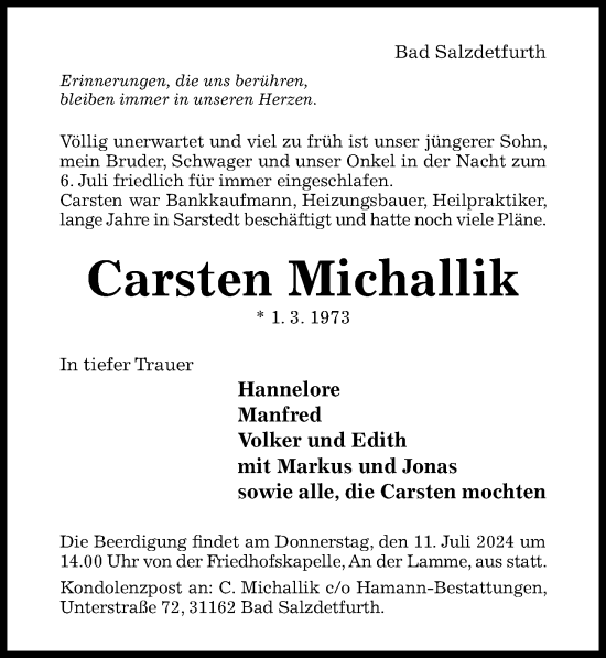 Traueranzeige von Carsten Michallik von Hildesheimer Allgemeine Zeitung