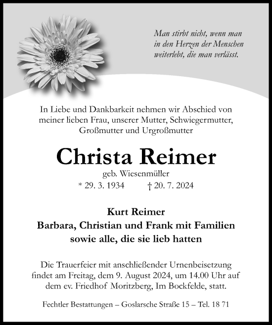 Traueranzeige von Christa Reimer von Hildesheimer Allgemeine Zeitung