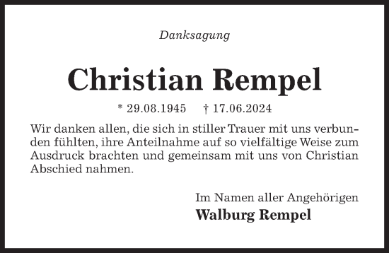 Traueranzeige von Christian Rempel von Hildesheimer Allgemeine Zeitung