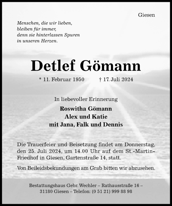 Traueranzeige von Detlef Gömann von Hildesheimer Allgemeine Zeitung