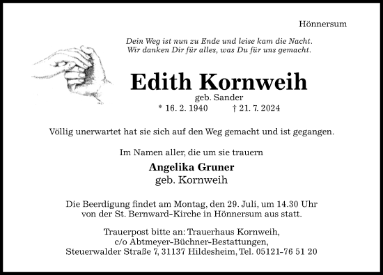 Traueranzeige von Edith Kornweih von Hildesheimer Allgemeine Zeitung