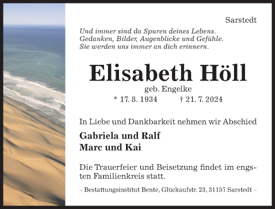Traueranzeige von Elisabeth Höll von Hildesheimer Allgemeine Zeitung
