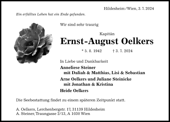 Traueranzeige von Ernst-August Oelkers von Hildesheimer Allgemeine Zeitung