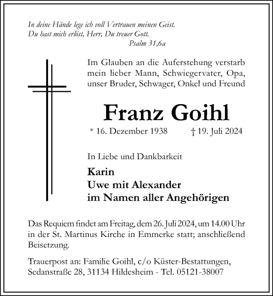 Traueranzeige von Franz Goihl von Hildesheimer Allgemeine Zeitung