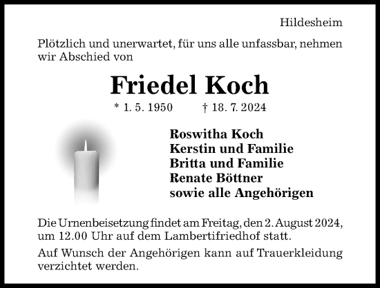 Traueranzeige von Friedel Koch von Hildesheimer Allgemeine Zeitung