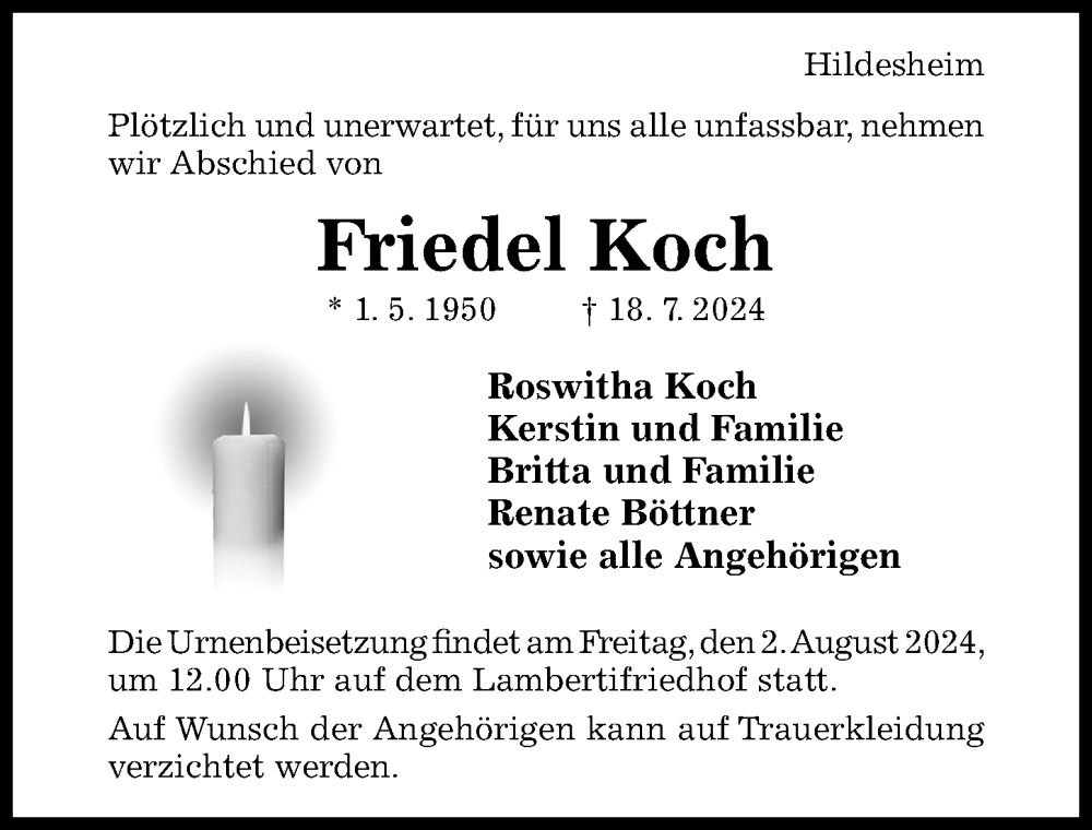  Traueranzeige für Friedel Koch vom 27.07.2024 aus Hildesheimer Allgemeine Zeitung