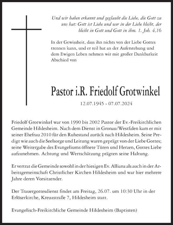 Traueranzeige von Friedolf Grotwinkel von Hildesheimer Allgemeine Zeitung