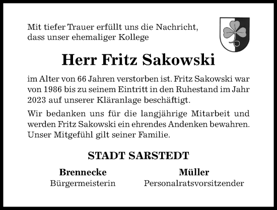 Traueranzeige von Fritz Sakowski von Hildesheimer Allgemeine Zeitung