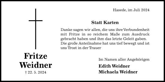 Traueranzeige von Fritze Weidner von Hildesheimer Allgemeine Zeitung