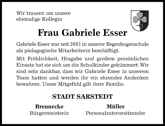 Traueranzeige von Gabriele Esser von Hildesheimer Allgemeine Zeitung