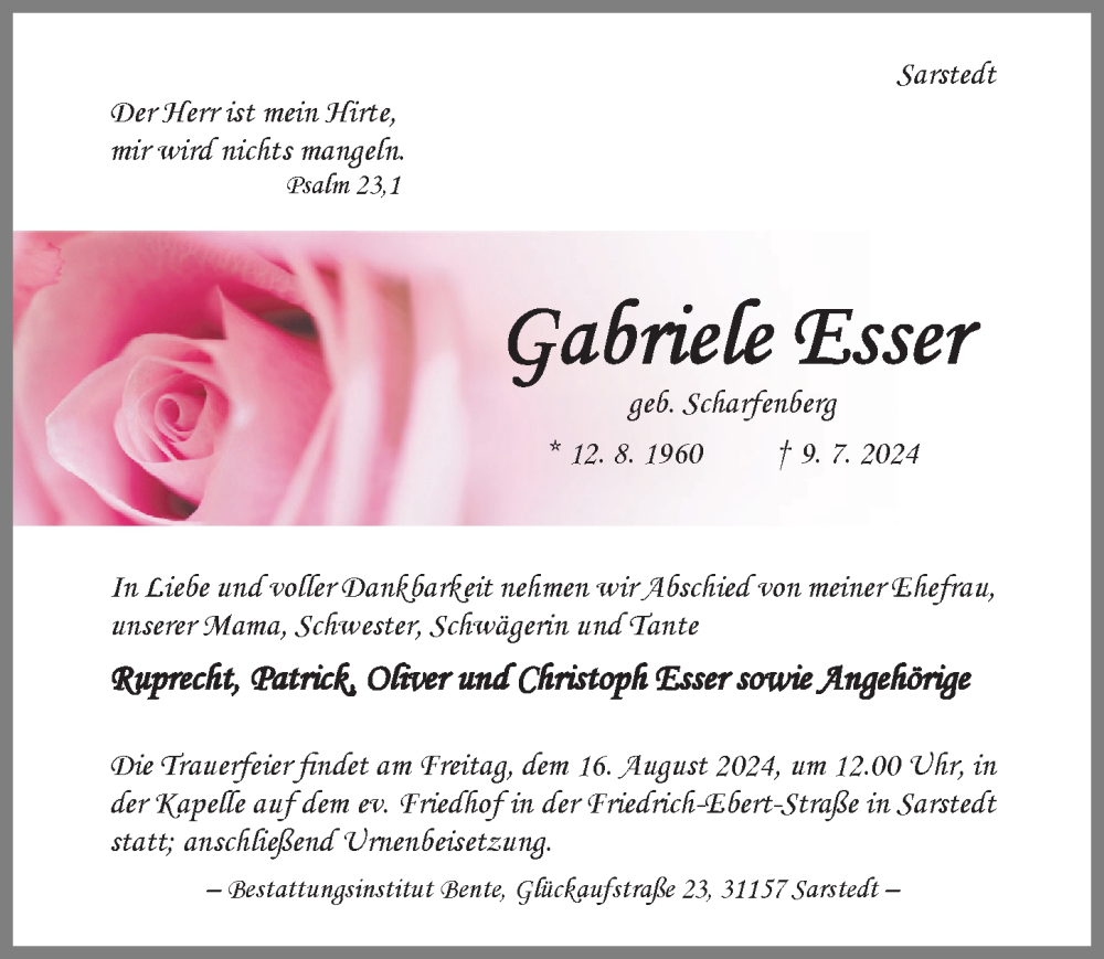  Traueranzeige für Gabriele Esser vom 13.07.2024 aus Hildesheimer Allgemeine Zeitung