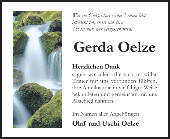 Traueranzeige von Gerda Oelze von Hildesheimer Allgemeine Zeitung