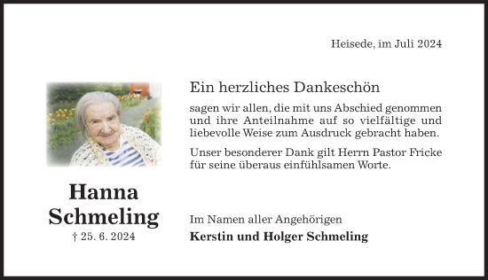 Traueranzeige von Hanna Schmeling von Hildesheimer Allgemeine Zeitung