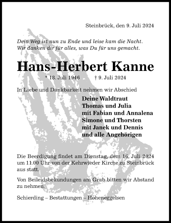 Traueranzeige von Hans-Herbert Kanne von Hildesheimer Allgemeine Zeitung