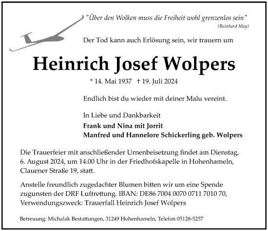 Traueranzeige von Heinrich Josef Wolpers von Hildesheimer Allgemeine Zeitung