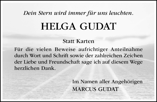 Traueranzeige von Helga Gudat von Hildesheimer Allgemeine Zeitung