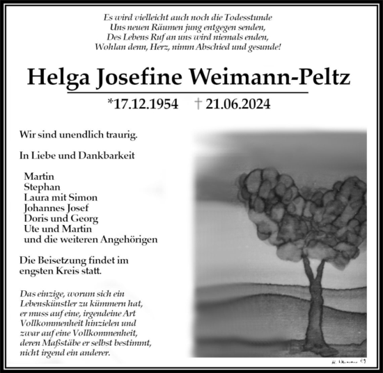 Traueranzeige von Helga Josefine Weimann-Peltz von Hildesheimer Allgemeine Zeitung