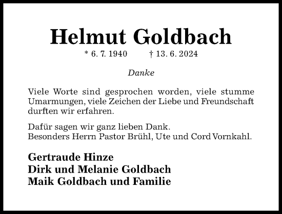 Traueranzeige von Helmut Goldbach von Hildesheimer Allgemeine Zeitung