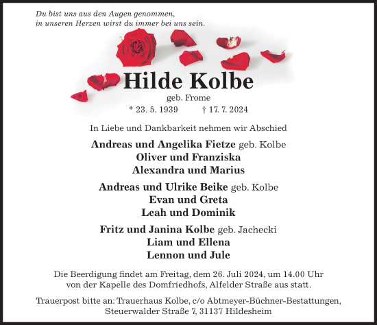 Traueranzeige von Hilde Kolbe von Hildesheimer Allgemeine Zeitung