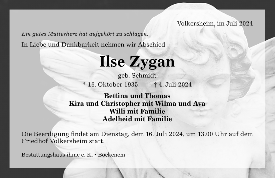 Traueranzeige von Ilse Zygan von Hildesheimer Allgemeine Zeitung