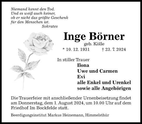 Traueranzeige von Inge Börner von Hildesheimer Allgemeine Zeitung