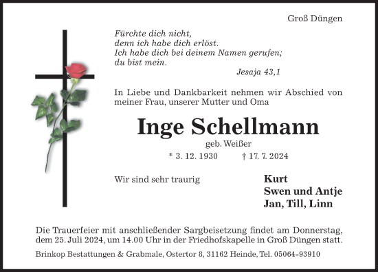 Traueranzeige von Inge Schellmann von Hildesheimer Allgemeine Zeitung
