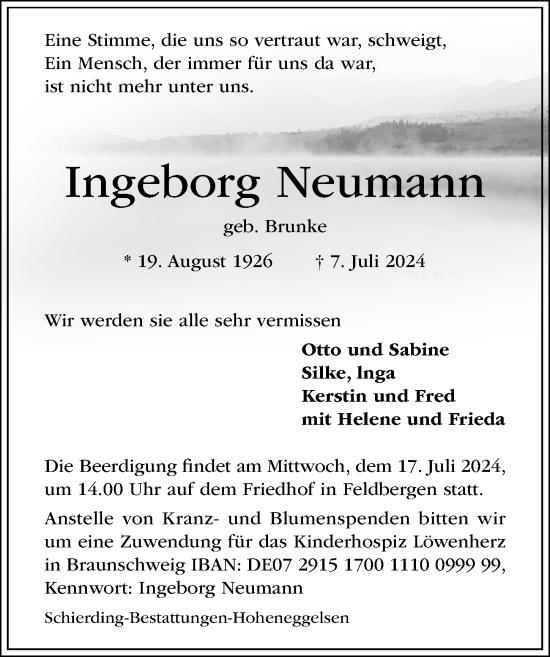 Traueranzeige von Ingeborg Neumann von Hildesheimer Allgemeine Zeitung