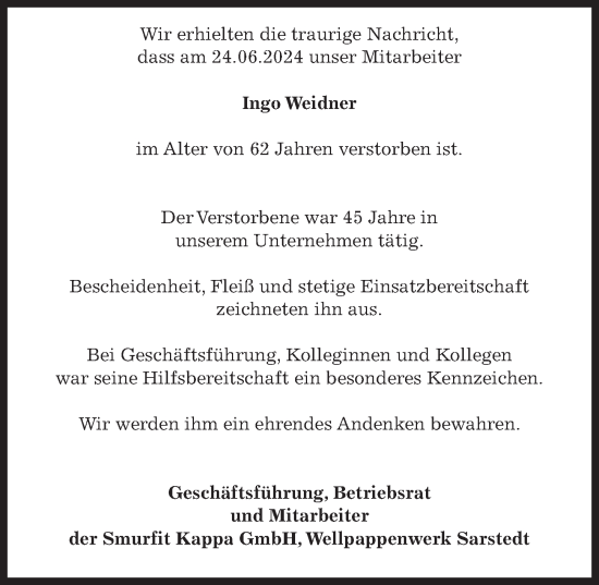 Traueranzeige von Ingo Weidner von Hildesheimer Allgemeine Zeitung