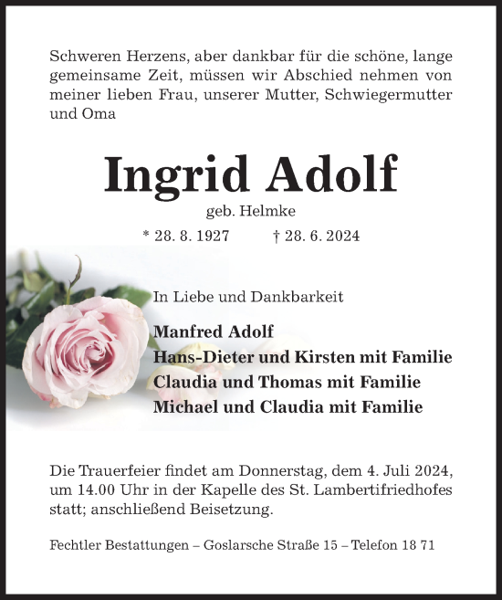 Traueranzeige von Ingrid Adolf von Hildesheimer Allgemeine Zeitung