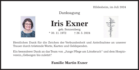 Traueranzeige von Iris Exner von Hildesheimer Allgemeine Zeitung