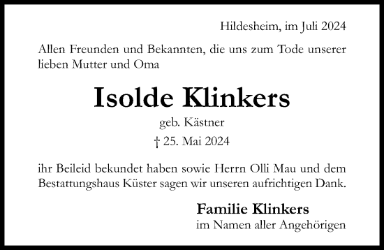 Traueranzeige von Isolde Klinkers von Hildesheimer Allgemeine Zeitung