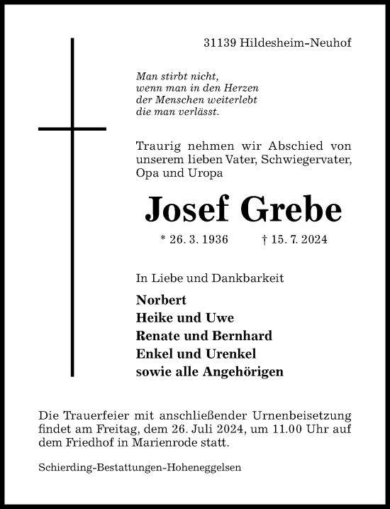 Traueranzeige von Josef Grebe von Hildesheimer Allgemeine Zeitung