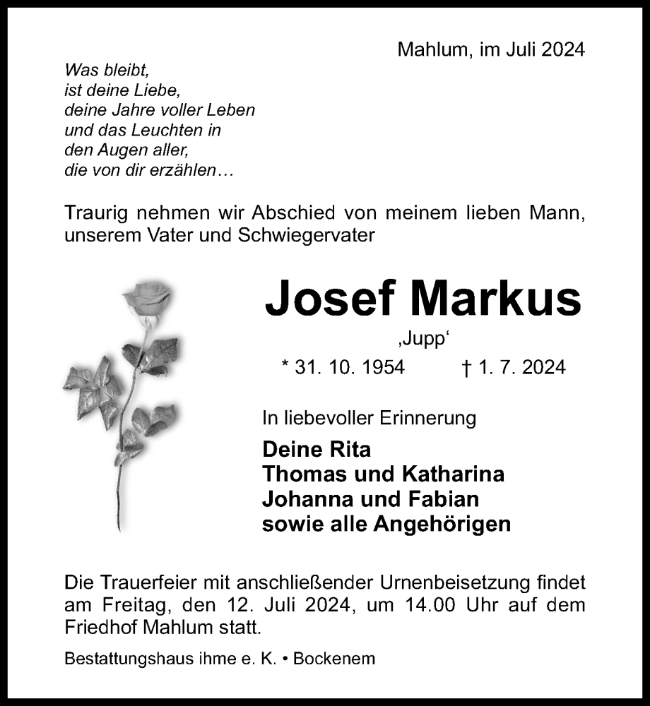  Traueranzeige für Josef Markus vom 06.07.2024 aus Hildesheimer Allgemeine Zeitung