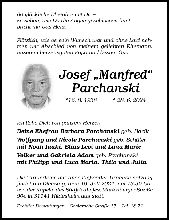 Traueranzeige von Josef Parchanski von Hildesheimer Allgemeine Zeitung